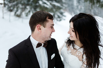 Wedding winter, bride and groom walking at winter wedding day