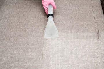 Sofa chemical cleaning with professionally extraction method. Hand in rubber protective glove...