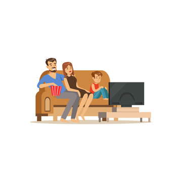 Young family watching tv with little boy, people sitting on a sofa in a living room in front of the television screen vector Illustration