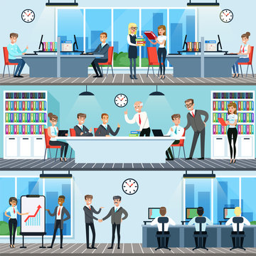 Business people working in office set, men and women having conference and meeting for business collaboration horizontal vector Illustrations