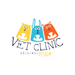 Vet clinic logo template original design, colorful badge with cat and dog hand drawn