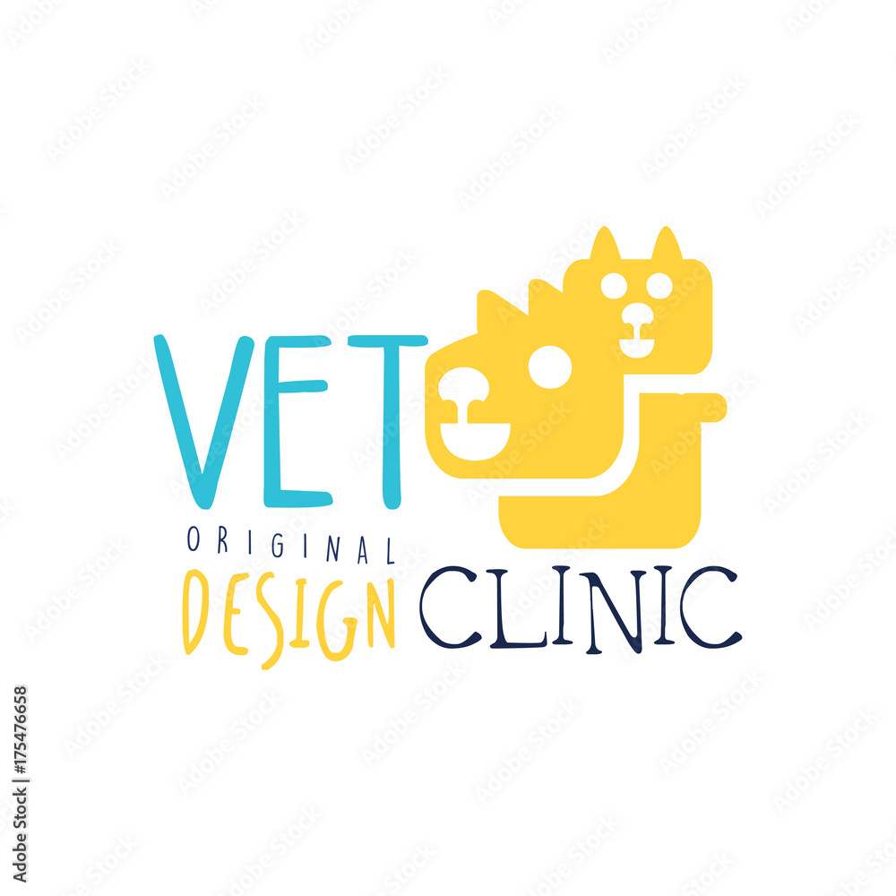 Sticker Vet clinic logo template original design, colorful badge with cat and dog hand drawn vector Illustration