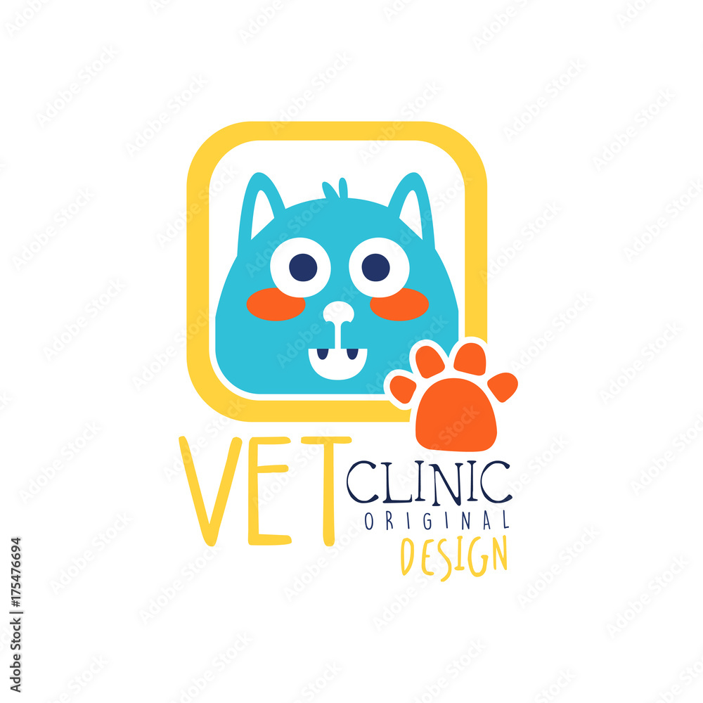 Poster Vet clinic logo template original design, badge with funny cat, hand colorful drawn vector Illustration