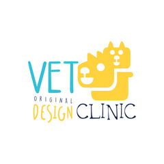 Vet clinic logo template original design, colorful badge with cat and dog hand drawn vector Illustration