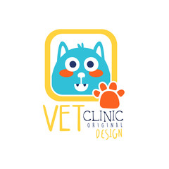 Vet clinic logo template original design, badge with funny cat, hand colorful drawn vector Illustration