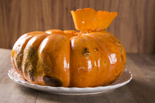 pumpkin with dried meat (carne seca na moranga) - Dried Meat with a creamy coconut milk sauce served inside a roasted pumpkin.