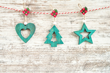 Christmas background. Green Christmas decoration on wooden background. Copy space