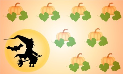 Wallpapers,  A witch ride the broom on the moon and pumpkins on orange background