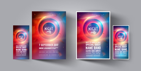 Night Club Party Flyer or Poster Layout Template. Musical electro concert in the style of house,dubstep,techno,minimal,trance,Drum and Bass or Indie rock.Background of electric discharge.
