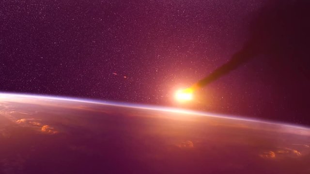 Global accident - collision of an asteroid with the Earth. Meteorite heating up as it fall into the Earth's atmosphere. The heat is caused by friction. Asteroid flies in dark space