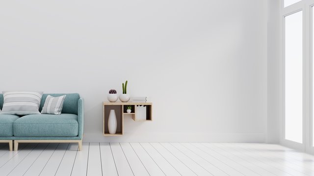 Interior living area with sofa , table ,wood floor and white color wall ,3d rendering