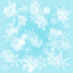 Fototapeta na wymiar Christmas white snowflakes on blur blue background. Winter holiday pattern. Greeting card. Vector illustration.