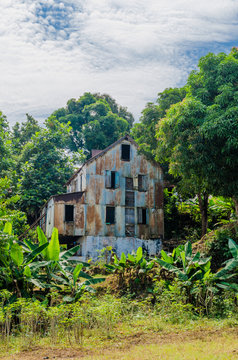 Abandoned and fading house surrounded by forest and banana trees, traces of civil war, Robertsport, Liberia, West Africa