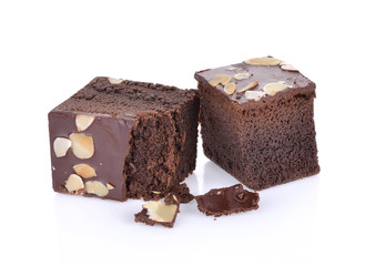 Chocolate cake slice on white background