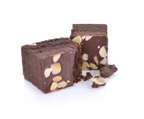 Chocolate cake slice on white background
