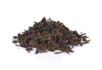 Heap of dried green tea on white background