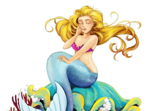 Cartoon mermaid sitting on a shell - illustration for children