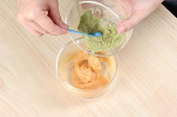 Matcha powder mix egg on wooden table