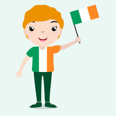 Smiling child, boy, holding a Ireland flag isolated on white background. Cartoon mascot. Holiday illustration to the Day of the country, Independence Day, Flag Day.
