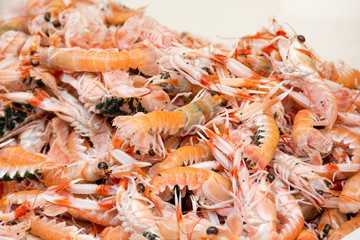 Closeup of shrimps for sale on a fish market