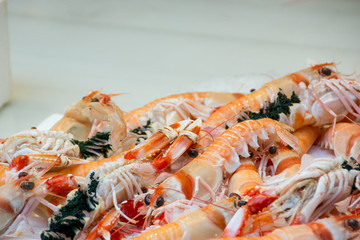 Closeup of shrimps for sale on a fish market