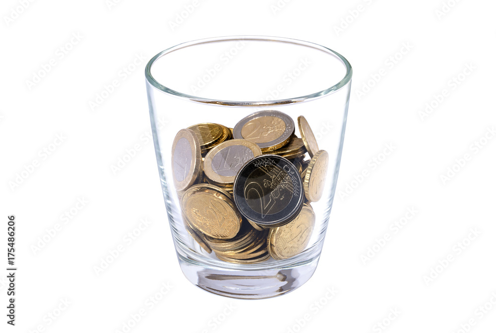 Wall mural glass with coins on white background: concept of financial savings