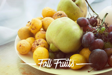 Quince, grapes, apples and plums on a white plate. Fall Fruits text