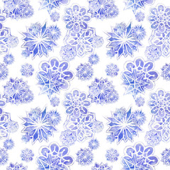 watercolor seamless background of lilac with white snowflakes for new year and christmas, oblong with snowflakes, it's snowing, for decoration and design on white background, for design of greeting ca