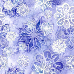 watercolor seamless background of lilac with white snowflakes for new year and christmas, oblong with snowflakes, it's snowing, for decoration and design on white background, for design of greeting ca