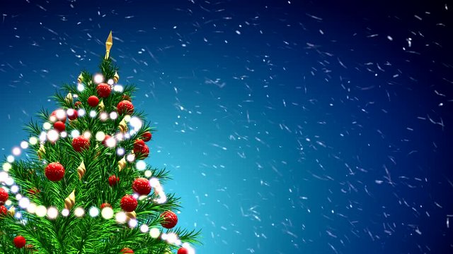3d illustration of green Christmas tree over blue background with snowflakes and red balls