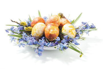 colorful easter eggs and spring flower composition