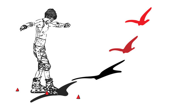roller skates person with shadow pass into a bird