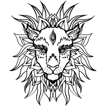 Realistic detailed hand drawn illustration of lion head. Ink tattoo style colorful image. Design element for t-shirt print.