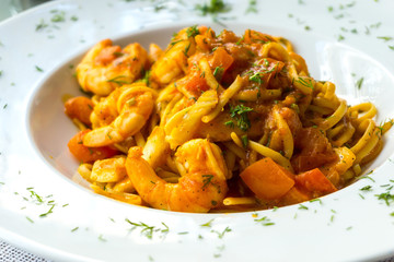 Pasta with Shrimp Dinner Dish on a the table