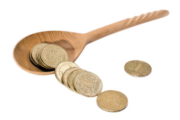 Ukrainian coins in wooden spoon