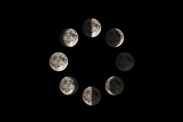Images of the moon in each major lunar phase, in a circle diagram
