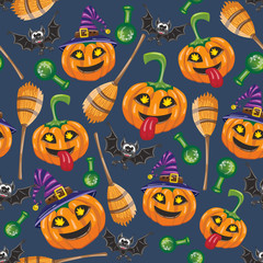 Halloween pattern. Seamless vector pattern with pumpkins, bats, brooms and bulbs