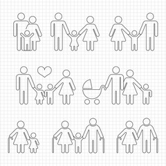 Human family line icons on notebook page design