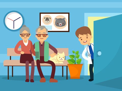 Elderly couple and cat at veterinarian