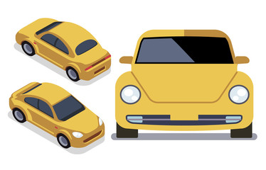 Obraz na płótnie Canvas Vector flat-style cars in different views. Yellow isometric car