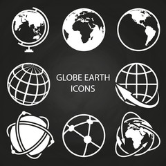 Globe earth icons collection on blackboard