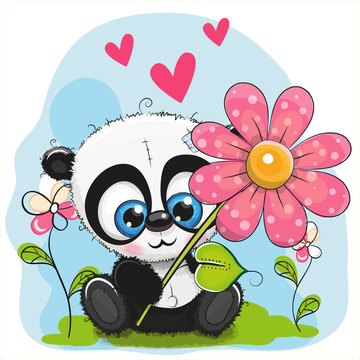 Greeting card Panda with flower and hearts