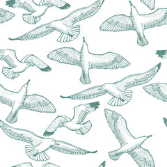 Fototapeta premium Light Seagull Seamless Pattern. Graphic Hand Drawn Flying Seagulls. Vector Background with Birds