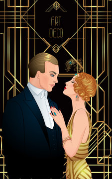 Beautiful couple in art deco style. Retro fashion: glamour man and woman of twenties. Vector illustration. Flapper 20's style. Vintage wedding invitation design template.