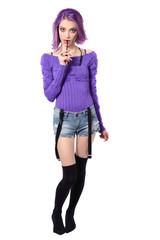 Young skinny girl with purple hair and violet blouse. isolated on a white background