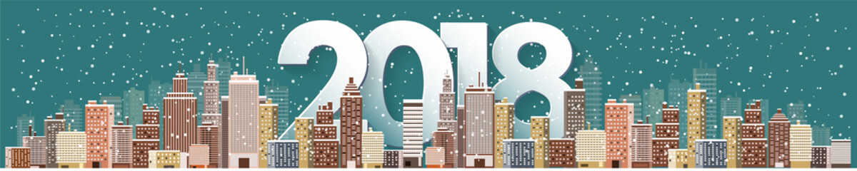 Fototapeta premium Winter urban landscape. City with snow. Christmas and new year. Cityscape. Buildings.2018.Vector illustration.