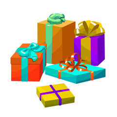 Colorful Gift Composition. Different Gift Boxes in Cartoon Style. Vector Illustration of Gifts with Bows and Ribbons