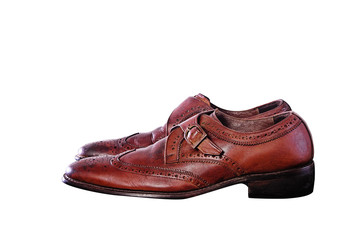 Closeup of Second hand Fashionable Male Classic Leather Shoes isolate on white background
