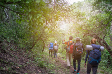 Group tourists hiking on sunny days. subject is soft focus.