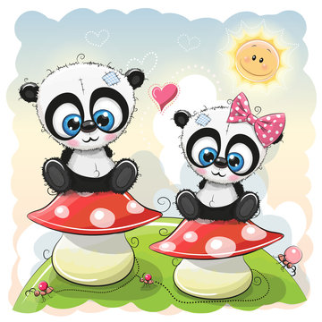 Two Cartoon pandas are sitting on mushrooms